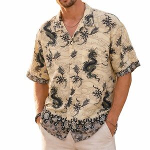 VTG 90s Pineapple Connection Cream Dragon Print Hawaiian Button Up Shirt XL